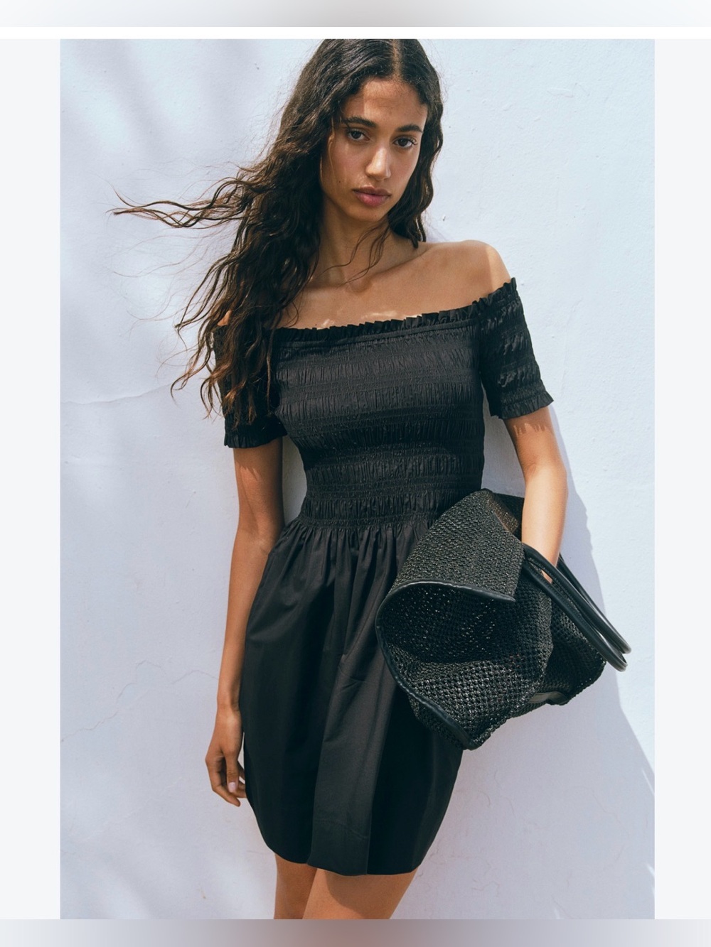 NWT H&M MINI DRESS Smocked Bodice BLACK Sz XS OFF SHOULDER FLARED SKIRT SO CUTE!